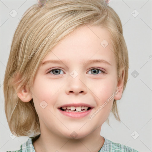 Joyful white child female with medium  brown hair and blue eyes