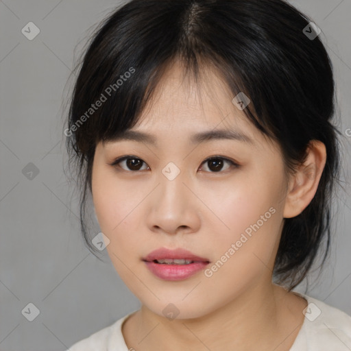 Neutral asian young-adult female with medium  brown hair and brown eyes