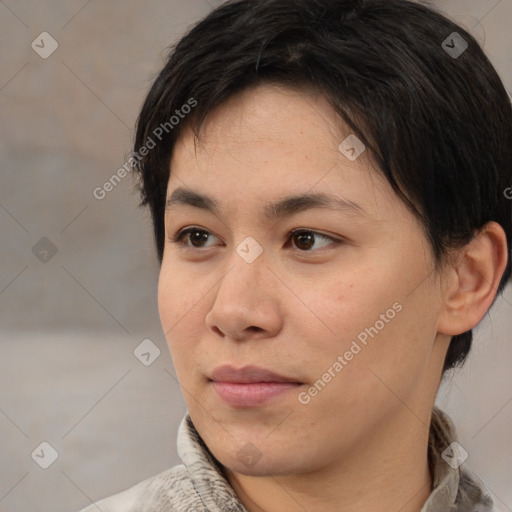 Neutral white young-adult female with short  brown hair and brown eyes