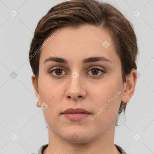 Neutral white young-adult female with short  brown hair and grey eyes