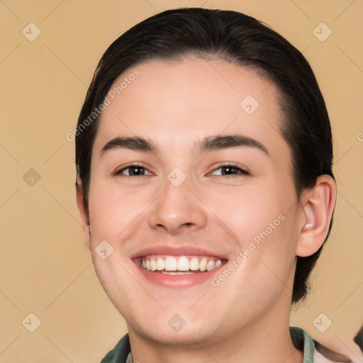 Joyful white young-adult male with medium  brown hair and brown eyes