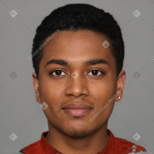 Neutral black young-adult male with short  black hair and brown eyes