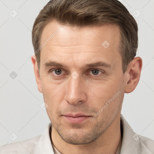 Neutral white adult male with short  brown hair and brown eyes