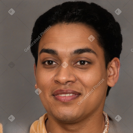 Joyful latino young-adult female with short  black hair and brown eyes