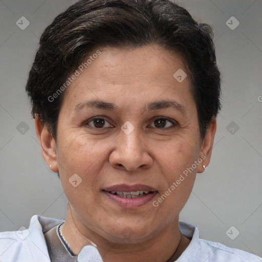 Joyful white adult female with short  brown hair and brown eyes