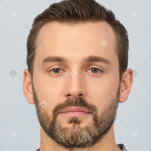 Neutral white young-adult male with short  brown hair and brown eyes