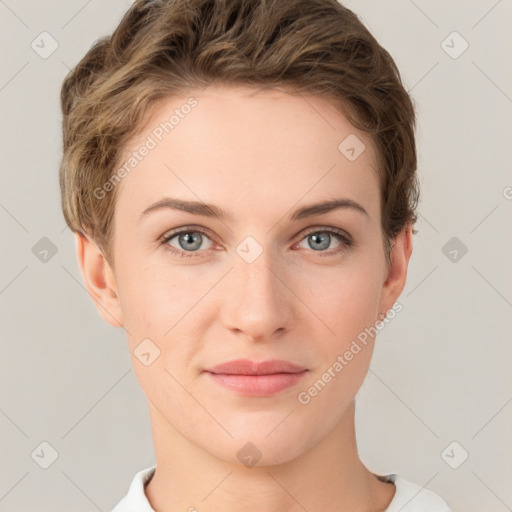 Joyful white young-adult female with short  brown hair and grey eyes