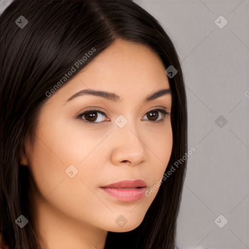 Neutral white young-adult female with long  brown hair and brown eyes