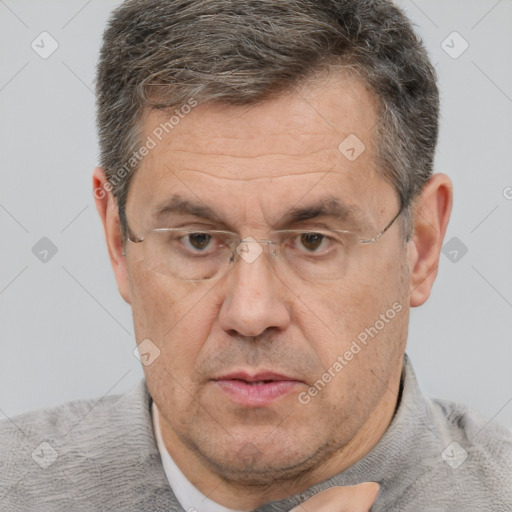 Joyful white middle-aged male with short  brown hair and brown eyes