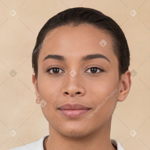 Joyful white young-adult female with short  brown hair and brown eyes