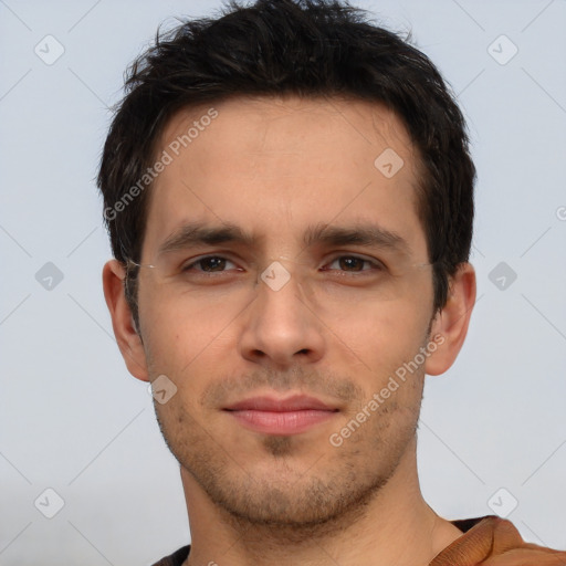 Neutral white young-adult male with short  brown hair and brown eyes