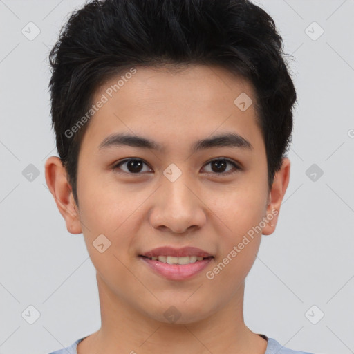 Joyful asian young-adult male with short  brown hair and brown eyes