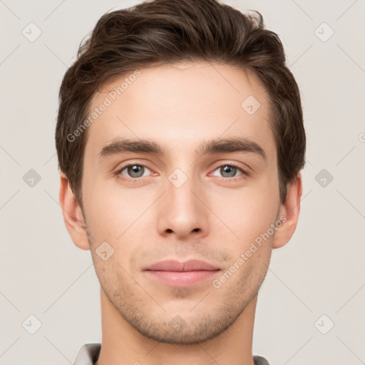 Neutral white young-adult male with short  brown hair and grey eyes