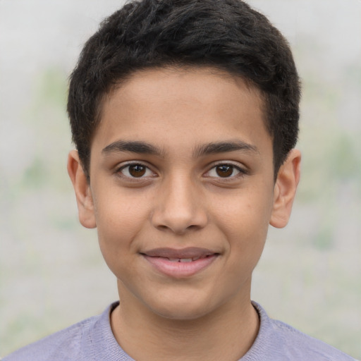 Joyful latino young-adult male with short  brown hair and brown eyes