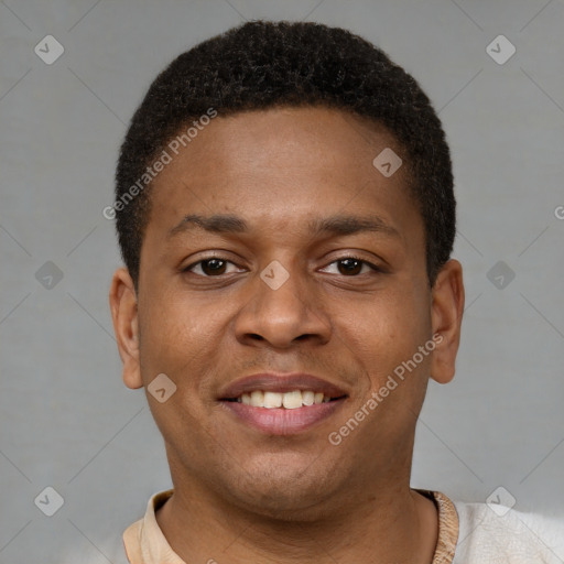 Joyful latino young-adult male with short  brown hair and brown eyes