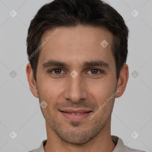 Joyful white young-adult male with short  brown hair and brown eyes