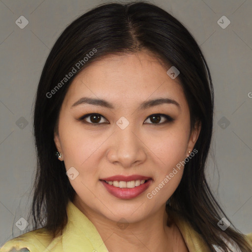 Joyful white young-adult female with medium  brown hair and brown eyes