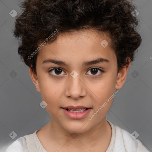 Joyful white child female with short  brown hair and brown eyes