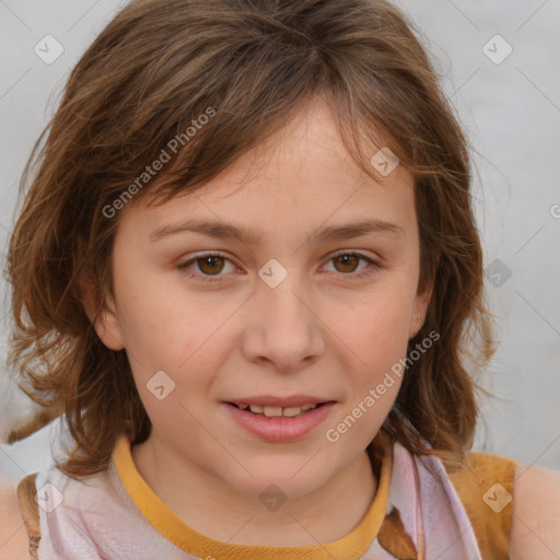 Joyful white child female with medium  brown hair and brown eyes