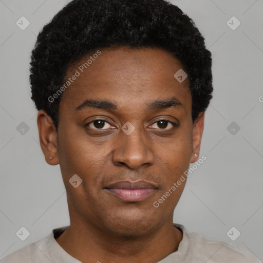 Joyful black young-adult male with short  black hair and brown eyes