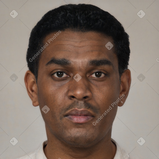 Neutral black young-adult male with short  black hair and brown eyes