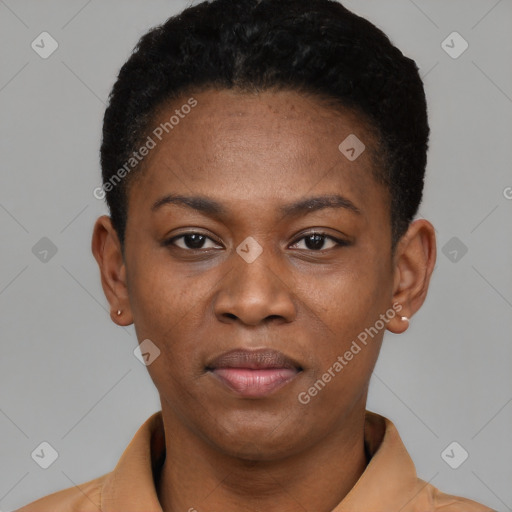 Neutral black young-adult female with short  black hair and brown eyes