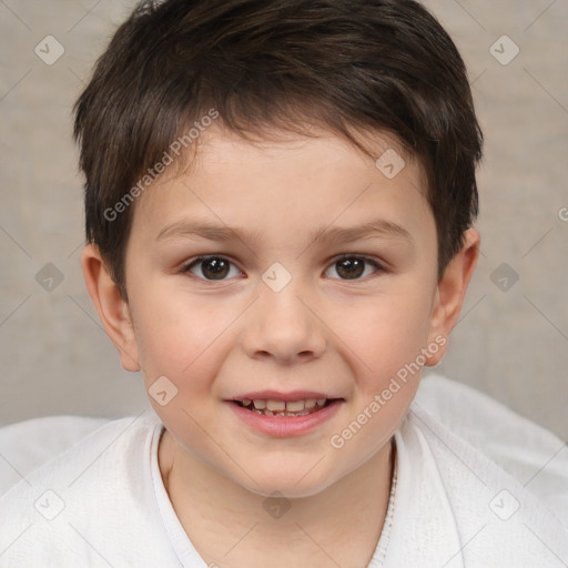 Joyful white child male with short  brown hair and brown eyes