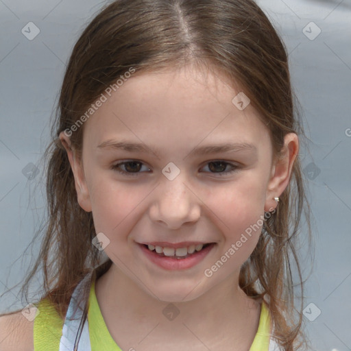 Joyful white child female with medium  brown hair and grey eyes