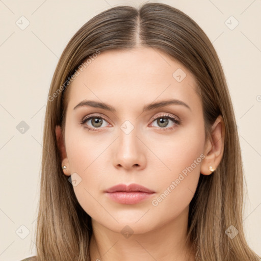 Neutral white young-adult female with long  brown hair and brown eyes