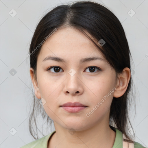 Neutral asian young-adult female with medium  brown hair and brown eyes