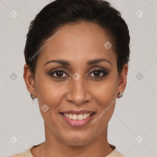 Joyful latino young-adult female with short  brown hair and brown eyes