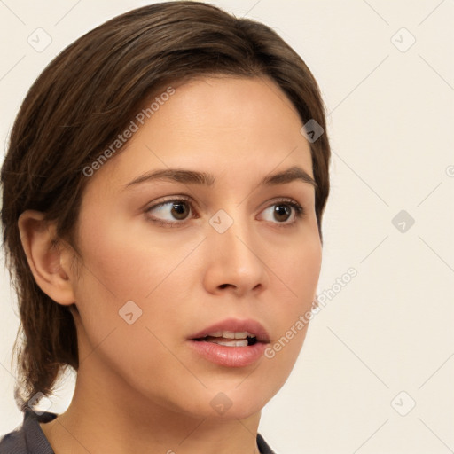 Neutral white young-adult female with medium  brown hair and brown eyes