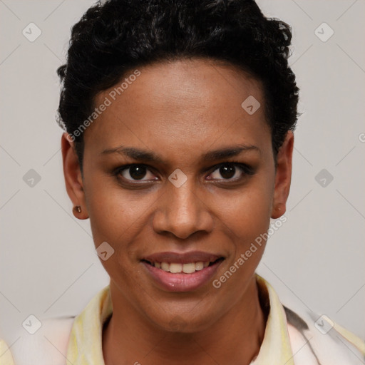 Joyful latino young-adult female with short  brown hair and brown eyes