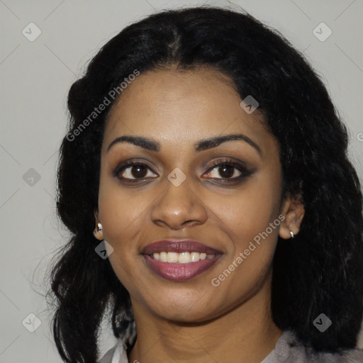 Joyful latino young-adult female with long  black hair and brown eyes