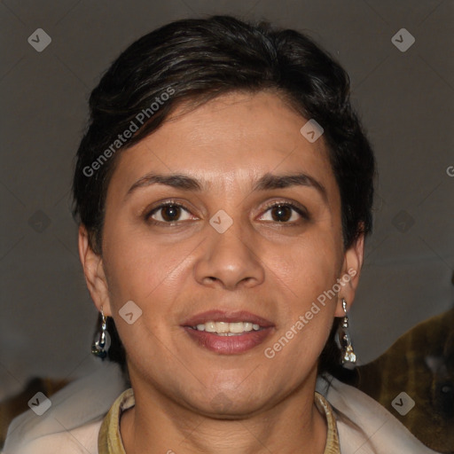 Joyful white adult female with medium  brown hair and brown eyes