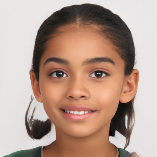 Joyful latino child female with medium  brown hair and brown eyes