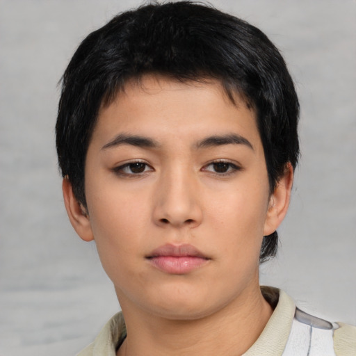 Neutral asian young-adult female with short  black hair and brown eyes