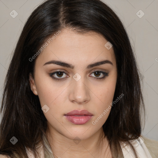 Neutral white young-adult female with medium  brown hair and brown eyes