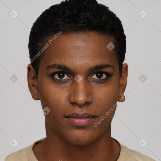 Neutral black young-adult male with short  black hair and brown eyes