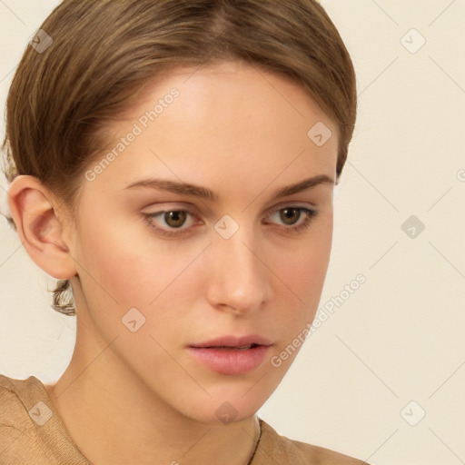 Neutral white young-adult female with short  brown hair and brown eyes