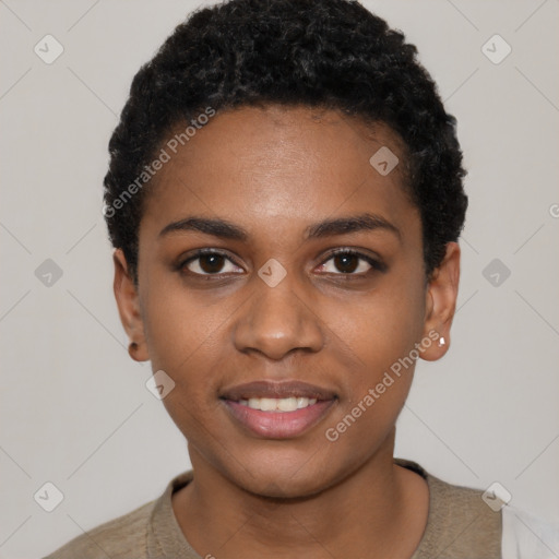 Joyful black young-adult female with short  black hair and brown eyes