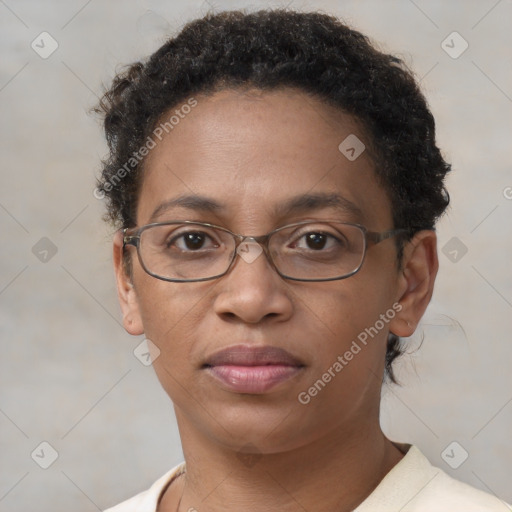 Joyful black adult female with short  brown hair and brown eyes