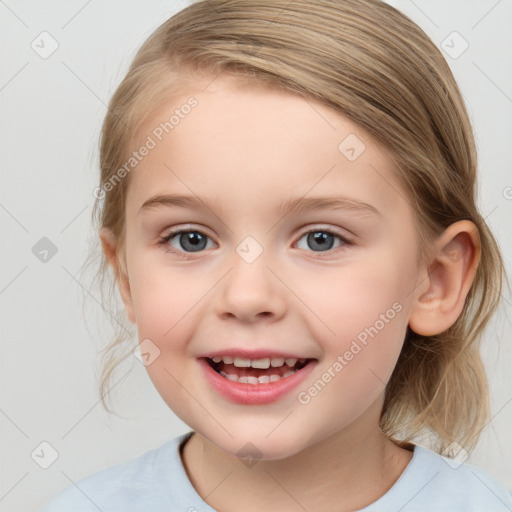 Joyful white child female with medium  brown hair and grey eyes