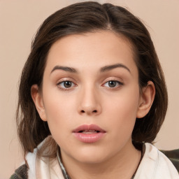 Neutral white young-adult female with medium  brown hair and brown eyes