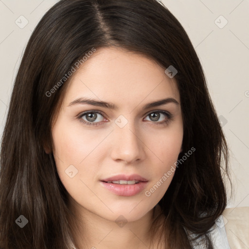 Neutral white young-adult female with long  brown hair and brown eyes