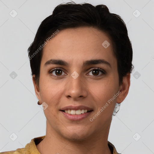 Joyful white young-adult female with short  brown hair and brown eyes