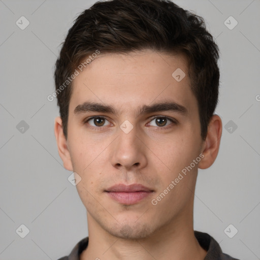 Neutral white young-adult male with short  brown hair and brown eyes