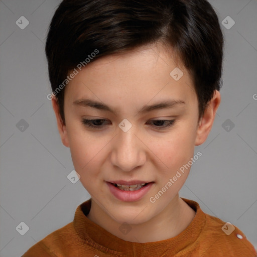 Joyful white young-adult female with short  brown hair and brown eyes