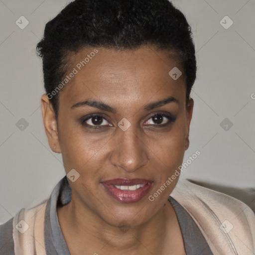 Joyful black young-adult female with short  brown hair and brown eyes