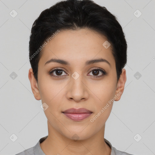 Joyful latino young-adult female with short  black hair and brown eyes